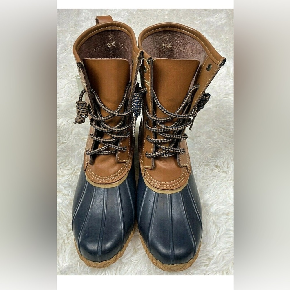 Lands End Womens Rain Duck Boots 8B Brown Leather Blue Rubber Lace Up V3838